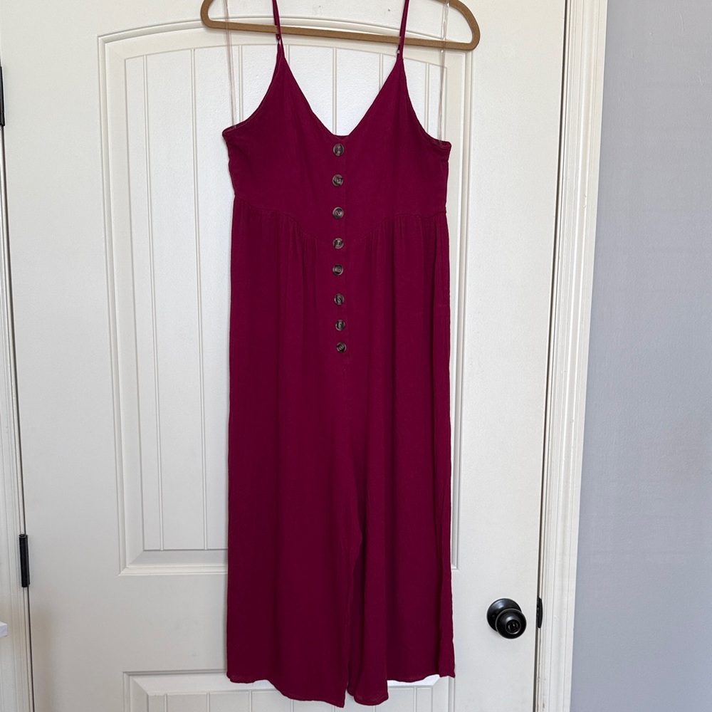 Kori Spaghetti-Strap Button-Front Midi Romper in Deep Berry - Size L